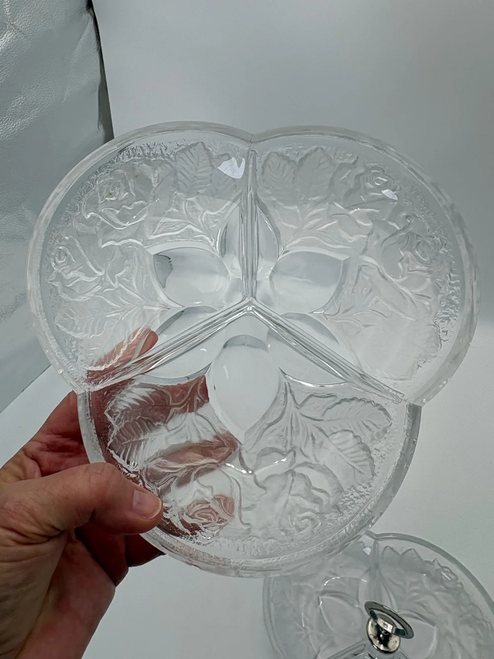 Gorgeous Vintage Crystal Divided Serving Dish Pair In Frosted Rose Pattern